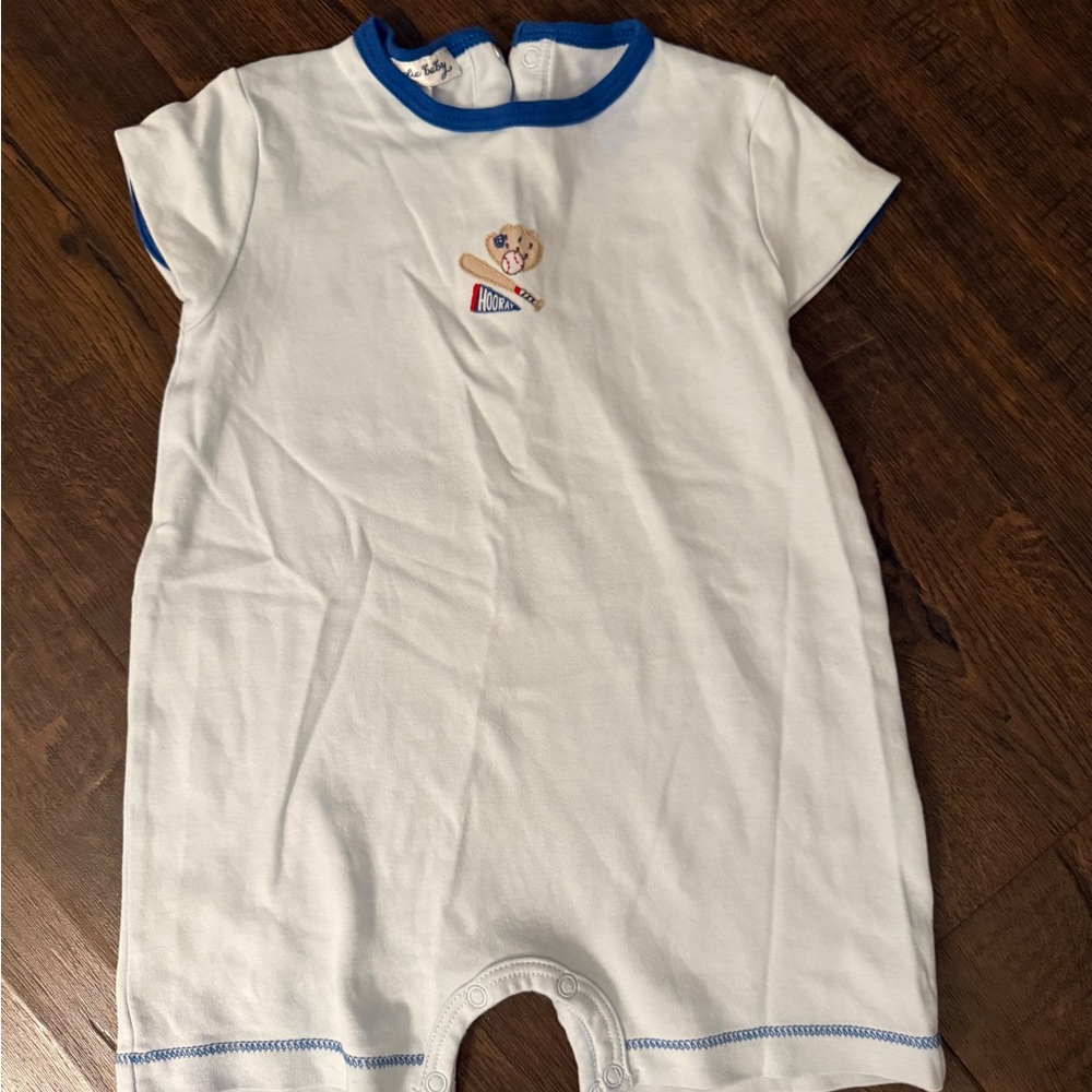 Magnolia White One-Piece Romper with Blue Trim and Small Baseball icons